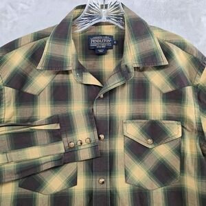 Pendleton Western Shirt Mens S Brown Green Plaid Pearl Snap Long Sleeve Cotton